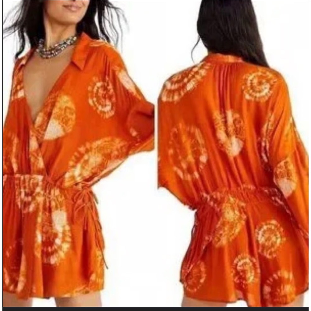 Free People Marla Tie Dye Boho Collared Long Sleeve Cinched Waist Romper Med